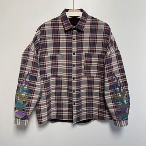 Nokwal Collection 7 Men's Plaid Flannel Shirt Flame Graphic Oversized Size M